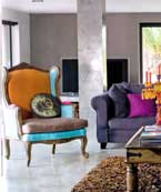 Clever and colorful use of upholstery to lift the otherwise neutral, dull gray interior