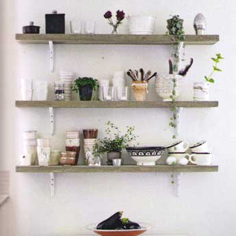 display kitchen shelves decor concrete texture utensils platters ceramics