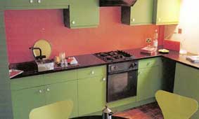 Painted Orange Splashback in Green Kitchen