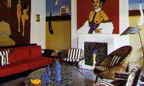 Funky mix of kitsch 70s style paintings, bold stripes, colorful furnishings and accessories gives the maximalist fireplace edge and strong personal style