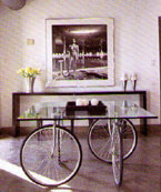 The bicycle wheels on this living room table looks like it's about to take off for the Tour de France!