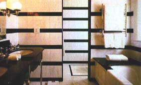 Bathroom Wall in Bold Horizontal Stripes Matched with Stone Basin